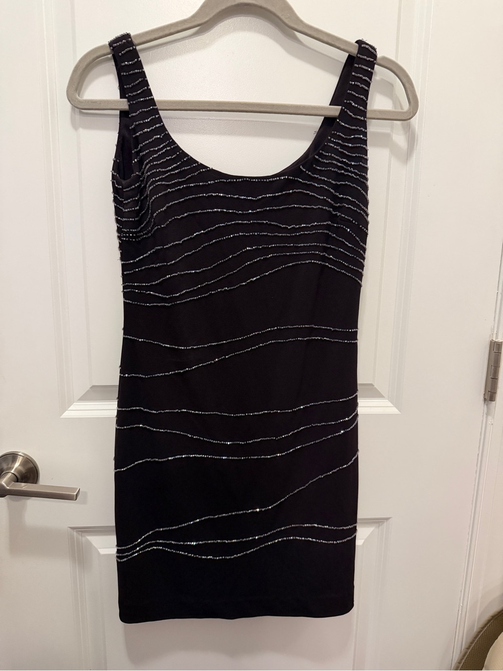 Black Sleeveless Scoop Neck Cocktail Dress with Silver Bead Accents - LBD